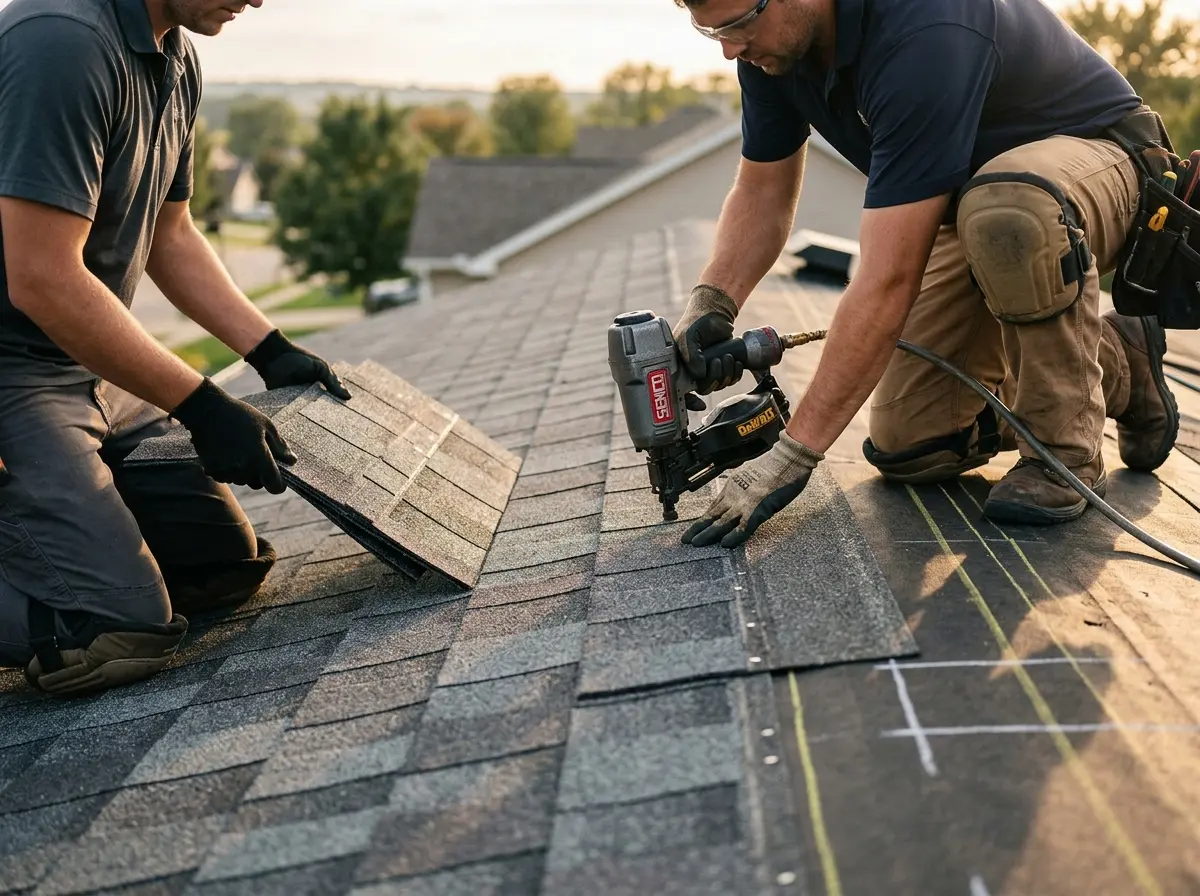 Professional roofer working on a residential roof in Middleburg Heights